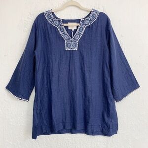 Pomegranate Inc Blue Embroidered 100% Linen Tunic Sz XS